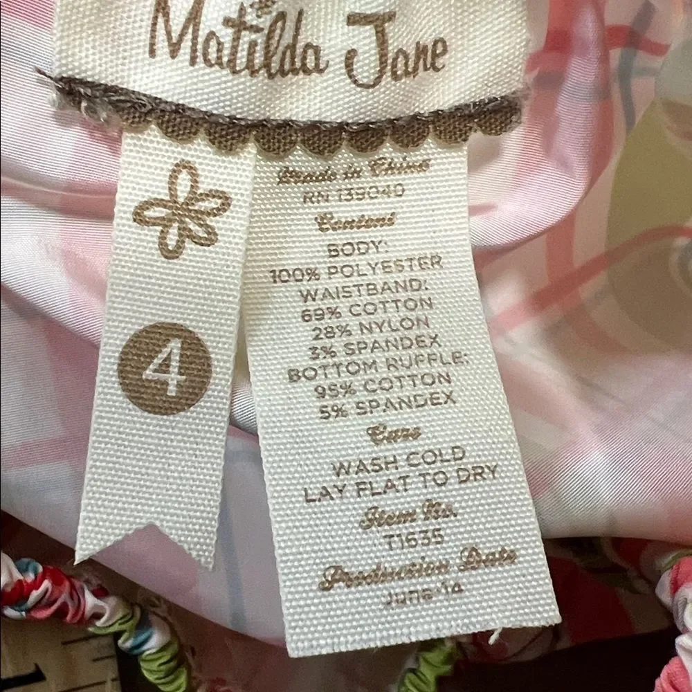 Matilda Jane Secret Fields green and pink plaid peasant top teal sash size 4